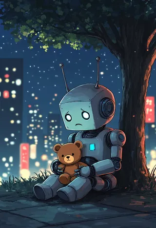 A cute robot with antennas on its head, sitting under a tree at night in a cyberpunk city, holding a teddy bear with a sad expression, neon city lights glowing in the background.