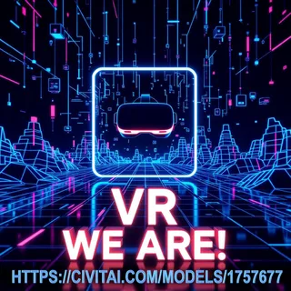 Futuristic 3D virtual reality scene featuring glowing neon grids and a floating VR headset inside a glowing frame, with large illuminated text reading 'VR WE ARE!' in block letters.