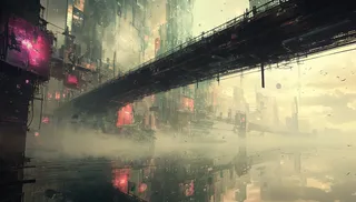 A desolate cyberpunk cityscape under a large bridge featuring mirrored reflections and surreal dimensional layering with dreamlike atmospheric effects.