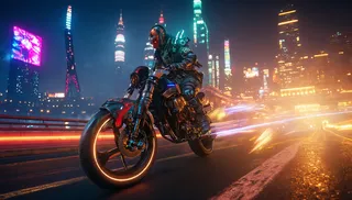 Cyberpunk warrior in futuristic armor riding a glowing motorcycle on a city bridge at night, illuminated by vibrant city lights and dynamic lighting effects.