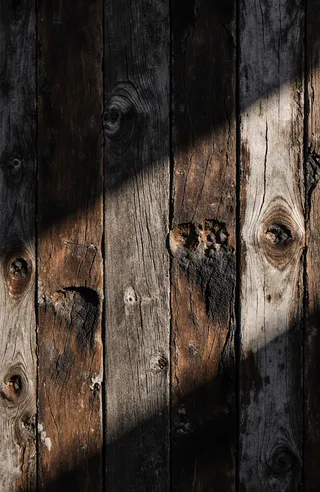 Close-up of a weathered wooden wall showing dark brown and gray tones with cracked, peeling, and charred textures, illuminated by soft natural light from the top right corner.