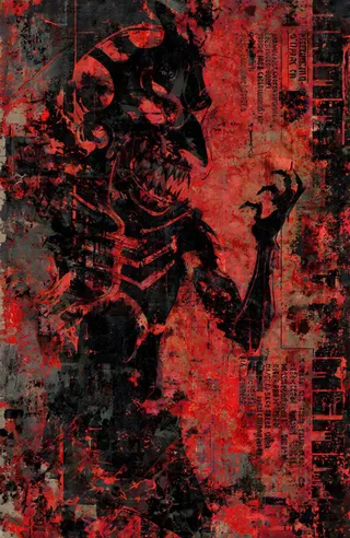 High contrast abstract artwork featuring a large black grotesque human silhouette with exaggerated features and sharp teeth against a bright red textured background with structured black text blocks.