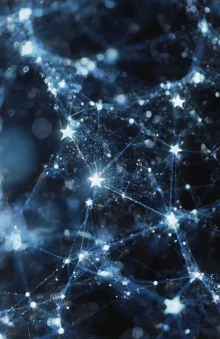 Digital artwork showing a glowing abstract network of interconnected small bright stars and thin lines on a dark blue background with soft bokeh lights.
