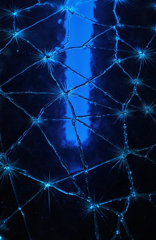 Reflective cracked glass floor illuminated by a glowing blue light source from above, creating starburst patterns along sharp irregular cracks on a dark background.