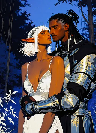 Romantic scene of an elf girl with white hair and silver-embroidered white dress embraced by a dark-skinned knight with dreadlocks wearing shiny armor under a night forest sky.