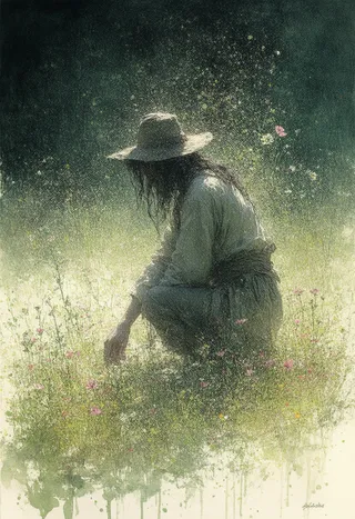 A solitary herbalist kneeling in a sun-drenched meadow filled with wildflowers, rendered in a vibrant ink sketch style with dynamic splashes and drips of ink.