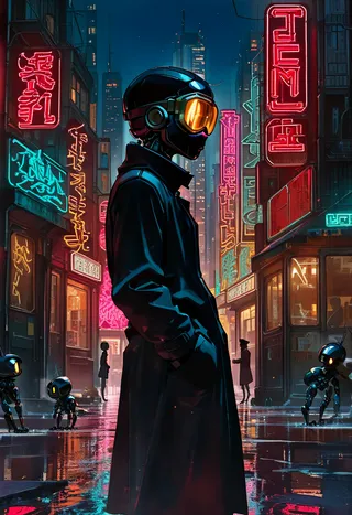 A man in a dark coat with futuristic goggles stands in a neon-lit cyberpunk city street at night surrounded by small robots and glowing signs.
