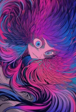 Vivid illustration of a girl with feathered hair and scales, showcasing gradient and neon bursting colors in a dynamic flowing pose.
