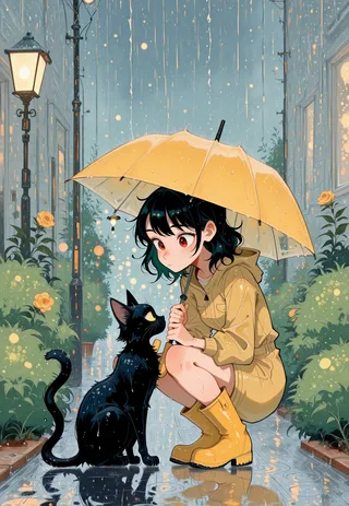 A girl in a yellow raincoat and rubber boots squatting under a yellow umbrella in the rain, looking at a black cat on a wet street with flowers and street lamps in the background.