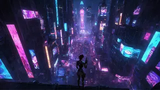 A wide-angle night view of a cyberpunk cityscape filled with neon lights and futuristic skyscrapers. A cyberpunk girl holding a gun stands overlooking rain-soaked streets reflecting vibrant pink, blue, and purple neon signs and holographic ads.