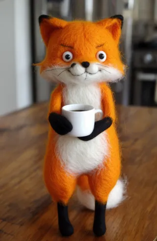 Handmade fluffy orange felt fox standing upright and holding a small white coffee cup with black felt paws, featuring large round eyes and a soft white belly.