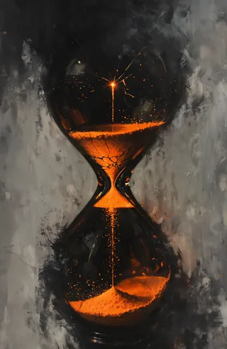 A cracked hourglass filled with glowing orange sand leaking to form a desert landscape, set against a dark textured background with scattered bright embers.