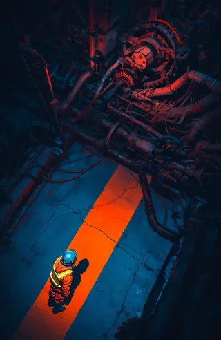 Top-down digital art of a lone figure in an orange jumpsuit and blue helmet on a cracked concrete path with an orange stripe, facing a large rusted mechanical structure illuminated by red and blue lights in a dark, moody cyberpunk setting.