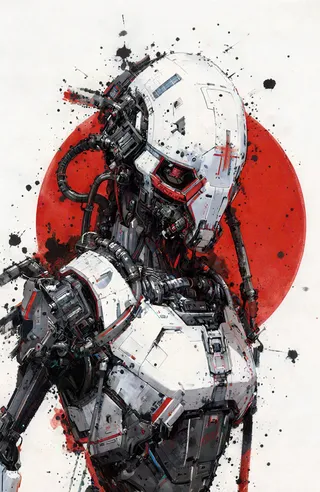 Digital drawing of a humanoid robot with a white helmet and black and gray mechanical body, backed by a bold red circular shape and black ink splatters.
