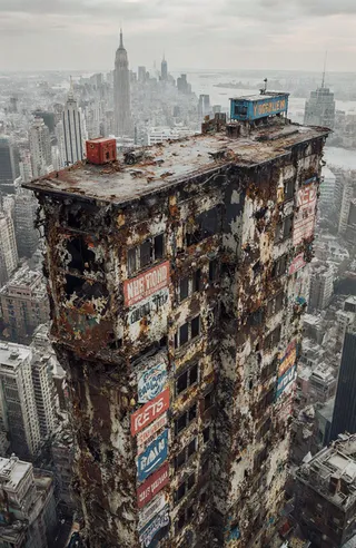 Aerial view of a towering dilapidated skyscraper with rusted metal, broken windows, peeling paint, and colorful advertisements, set against a sprawling urban cityscape under overcast skies.