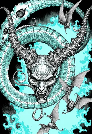 A serpentine demon with translucent skin showing shadowy organs, coral-like twisted horns, and gossamer wings, set against a cyan and black abyssal background.