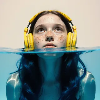Young woman with blue hair and freckles wearing yellow headphones partially submerged in water, looking upward