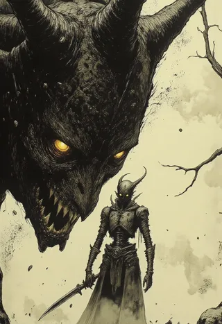 A dark fantasy illustration featuring a demonic figure with glowing yellow eyes and two large horns, standing with a sword in hand in front of a giant horned beast with glowing eyes in an eerie, misty background.