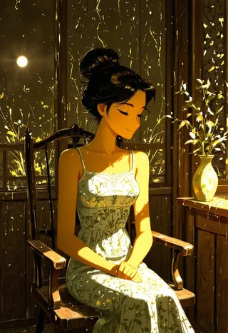 An impressionist-style portrait of an Asian woman with dark styled hair sitting in a dark wooden chair wearing a white lace sun dress, illuminated by dim, warm light with a vase of flowers beside her in a tranquil sitting room.