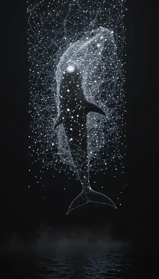 A glowing digital network forming the shape of a dolphin entangled in a luminous cyberpunk style underwater scene against a dark background.