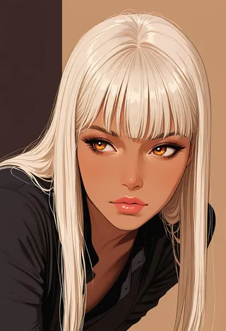 Close-up portrait of a woman with brown skin, striking amber eyes, long straight white hair, and lusty lips, wearing an unbuttoned black blouse against a brown and black two-tone background.