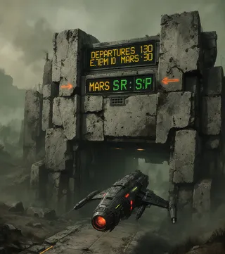 A dark metallic futuristic spaceship hovering near a large, weathered grey stone structure with neon-lit departure boards displaying space travel times to Mars and Earth in a barren, foggy post-apocalyptic landscape.