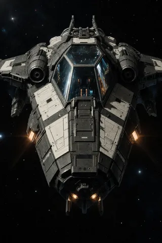 A colossal spaceship gunship with dark gunmetal and white hull flying in space, showing detailed cockpit canopy reflections and active thrusters.