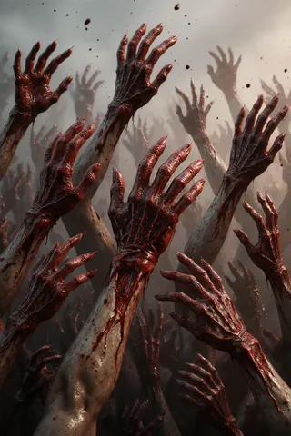 Ghastly bloody hands reaching upwards with intricate textures and vibrant colors under soft, diffused natural lighting creating a vivid, eerie atmosphere.