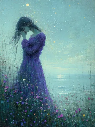 A poetic woman in a flowing purple dress stands pensively amidst wildflowers by a serene sea under a twilight sky, bathed in an ethereal glow.