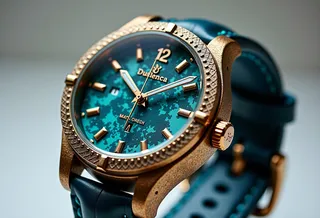 Close-up view of an intricate wristwatch featuring a textured golden bezel, vibrant teal dial with gold hour markers, and a dark leather strap, rendered in resin sculpture craft style.