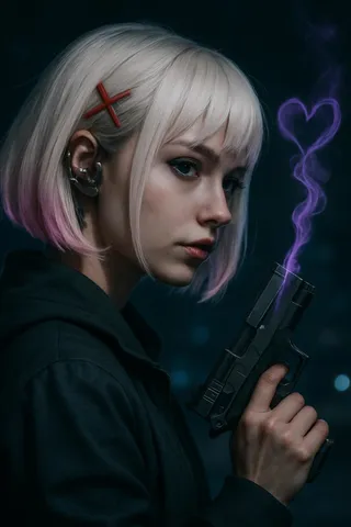 Close-up side profile of Rebecca from Cyberpunk: Edgerunners holding a cybernetic pistol with purple smoke forming a heart against a dark night background.