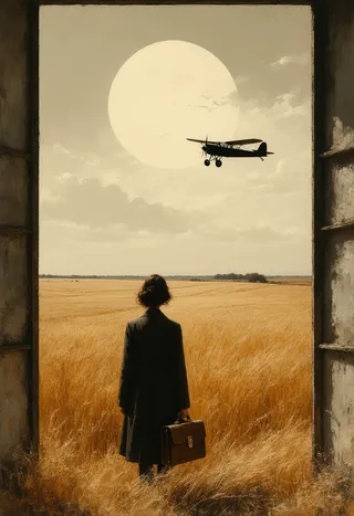 A solitary woman stands framed by an industrial window, clutching a leather briefcase, overlooking a golden wheat field as a vintage biplane flies against a large sun in the sky.