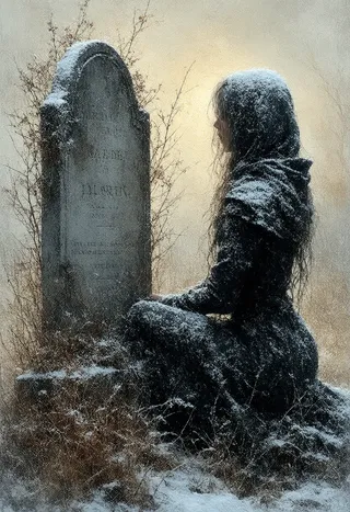 A solitary figure kneels as a snow angel beside a weathered, frost-covered headstone at dusk, surrounded by snow and frost-kissed branches.