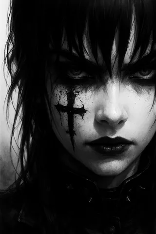 Close-up black and white portrait of a young woman with pale skin and piercing eyes, featuring a bold black cross painted on her cheek, dark makeup, and a studded leather collar.