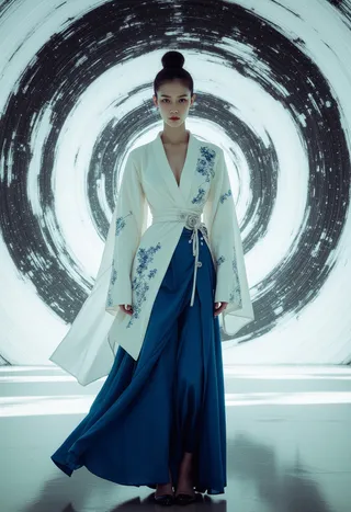 Photo-realistic portrait of an East Asian woman standing against monochrome swirling spirals, wearing a white ceremonial top with blue embroidery and a flowing blue silk skirt.