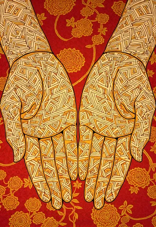 Two hands intricately decorated with bold geometric patterns in shades of gold and beige, placed against a rich red background adorned with detailed golden floral designs.