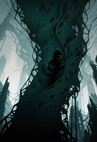 A giant, faceless eldrich monster viewed from below, surrounded by broken terrain and shadowy, void-like elements, creating a dark horror atmosphere.