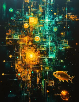 Abstract dadaism and retro cyberpunk styled metropolis with kinetic mosaic patterns, glowing orange and teal lights, and a photorealistic fish in the foreground, rendered as an oil painting.