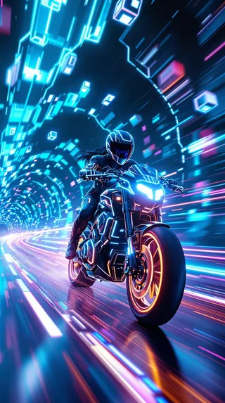 A dynamic cyberpunk scene featuring a girl riding a glowing futuristic motorcycle through a neon-lit digital data highway in cyberspace.