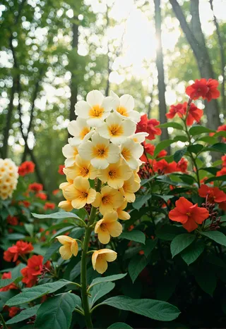 Cluster of white and yellow flowers with golden centers surrounded by red blossoms, set in a green forest with sunlight filtering through trees.