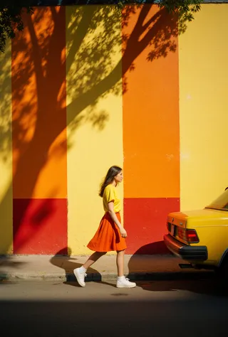 A woman in an orange skirt and yellow t-shirt walking past a vintage wall painted with wide yellow, orange, and red vertical stripes, with shadows of trees cast on the wall and a yellow 1980s car trunk on the right