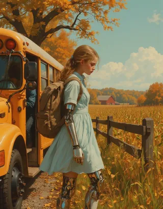 A cybernetic tween girl wearing a pale blue dress and canvas backpack steps off a weathered yellow school bus on an autumn morning, surrounded by golden cornfields and amber oak trees.