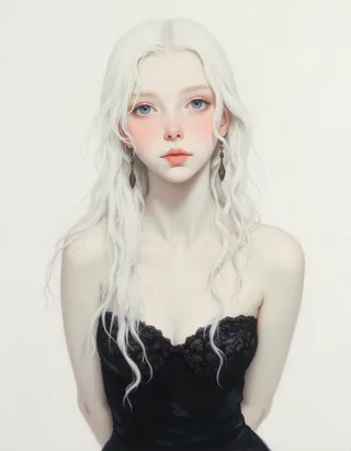 Portrait of a goth girl with long white hair, blue eyes, and delicate features wearing a black lace leotard and intricate earrings on a simple white background