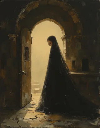 Oil painting portrait of a cheerful pale gothic young teen princess inside a medieval church, standing near an open arched door with warm light illuminating her slender figure and long dark cloak.