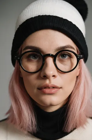 Close-up portrait of a woman with pink hair wearing round black glasses, a black and white beanie, and a black turtleneck, showing natural skin texture and pores.
