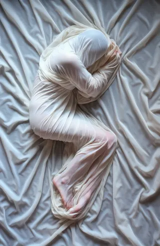 Person curled up in a fetal position wrapped and obscured by semi-transparent white fabric, lying on a crumpled white background with soft diffused lighting.