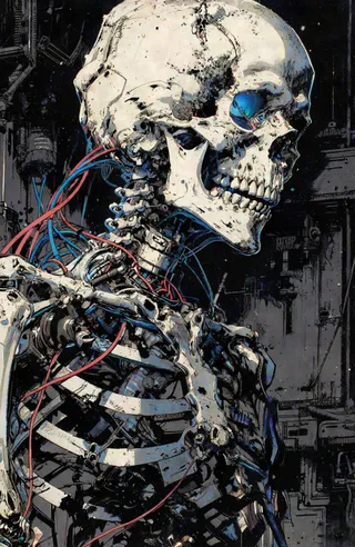 Digital illustration of a humanoid skeleton showing exposed internal wiring and mechanical components in profile, with a white skull featuring a blue eye socket and a dark industrial cyberpunk background.