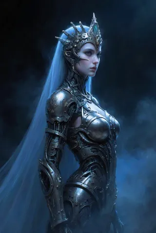 Ethereal arabian princess in hyperdetailed biomechanical metal armor with blue light and mist background, digital painting style