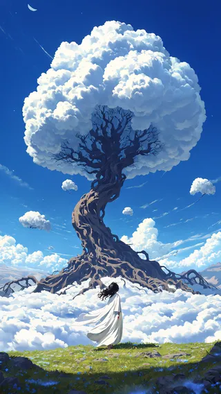 A surreal scene showing a solitary figure in a flowing white robe standing on grassy terrain, facing a massive twisted tree whose branches are made of cumulus clouds under a bright blue sky.