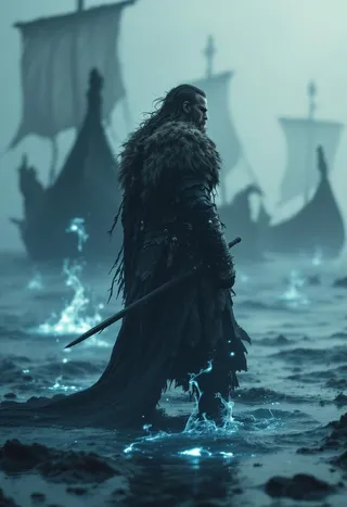 Bjorn Ironside, a Viking warrior clad in worn leather and fur armor, stands on a dark, foggy shore with sunken longships in the background and glowing blue flames at his feet.